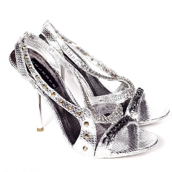 NEW Celeste Metallic Silver Open Toe Studded Stiletto Heels Size 6.5 - Picture 1 of 7
